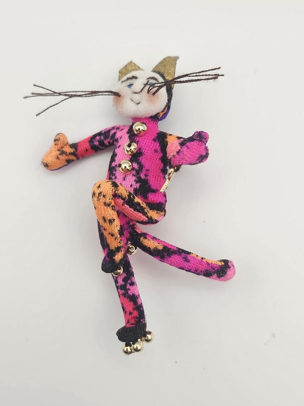 Whimsical Fabric Jester Cat Brooch Pin Soft Sculpture Art Novelty Jewelry